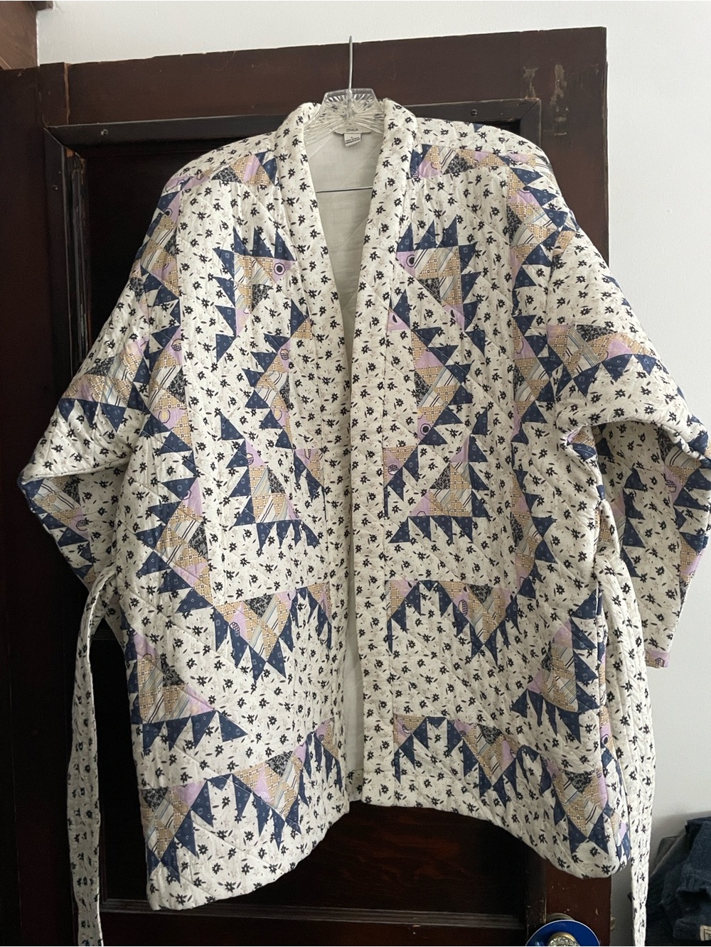 OTHILIA Quilted Patchwork Cape Jacket in Cream with Blue & Pink Accents
